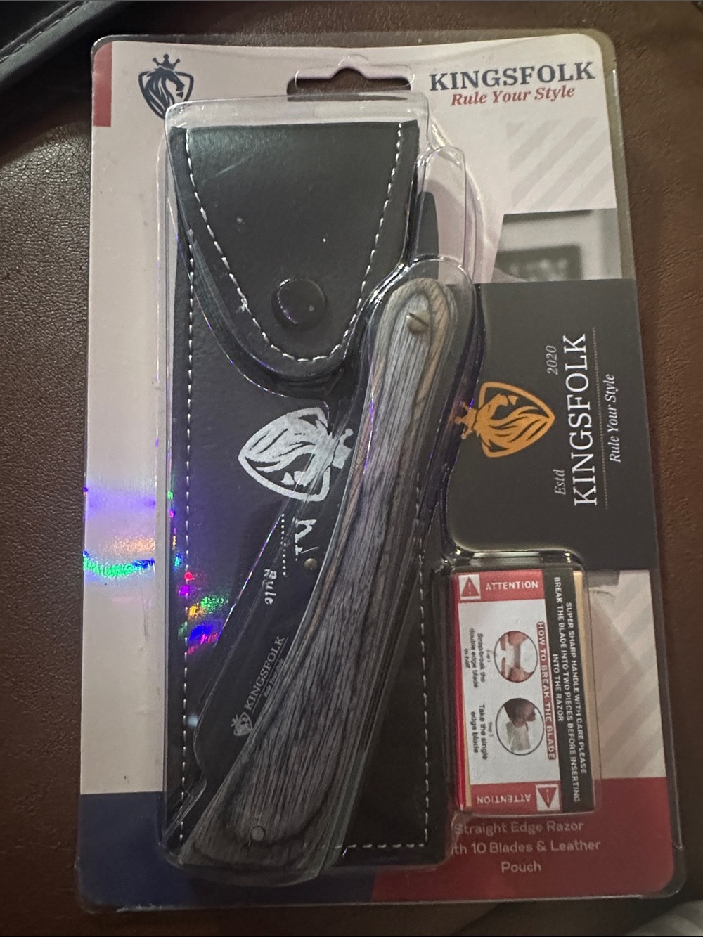 Kingsfolk Men's Straight Edge Razor with Gray Wood-Pattern Handle